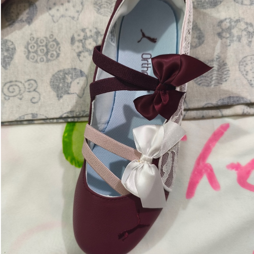 Puma Maroon and White Bow Strap Ballet Flats - Picture 5 of 8